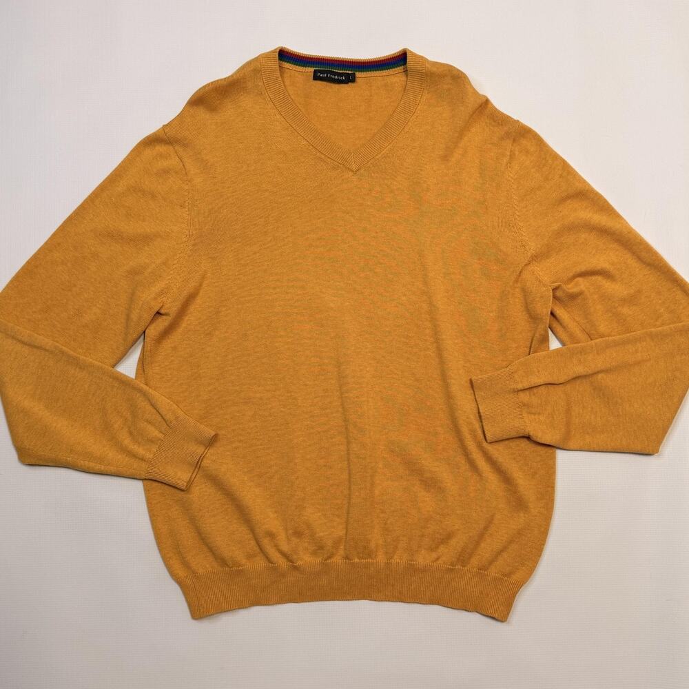 Paul Fredrick Sweater Mens Large Yellow V Neck Supima Cotton Lightweight Knit